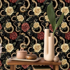Luxury Snake and Rose Wallpaper - Gothic Floral Wall Decor|  Peel and Stick Wallpaper | Removable Wallpaper | Canvas Wallpaper
