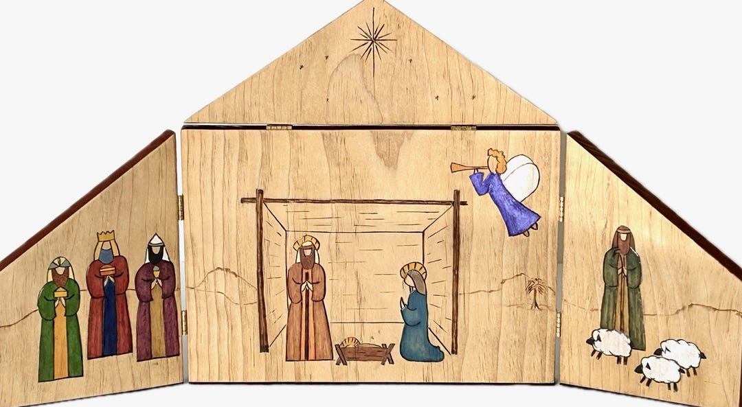 Nativity Scene Pyography Handmade Pyrography Art Folding Nativity Painted Panel Stained Dyed ...