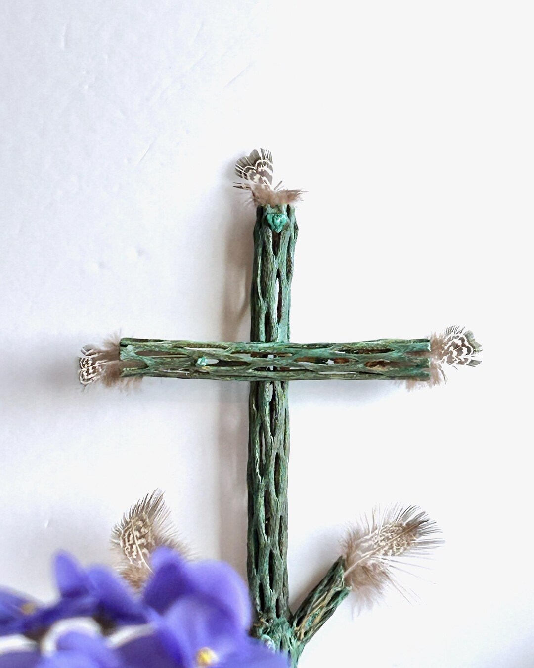 Handmade Cholla Cross Natural Southwestern Feather Green Turquoise Gem ...