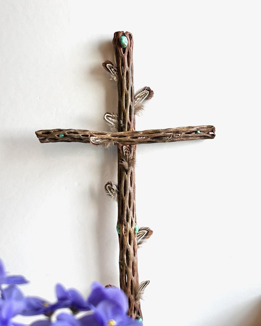Handmade Cholla Cross Natural Southwestern Feathers Gemstone Seasonal ...