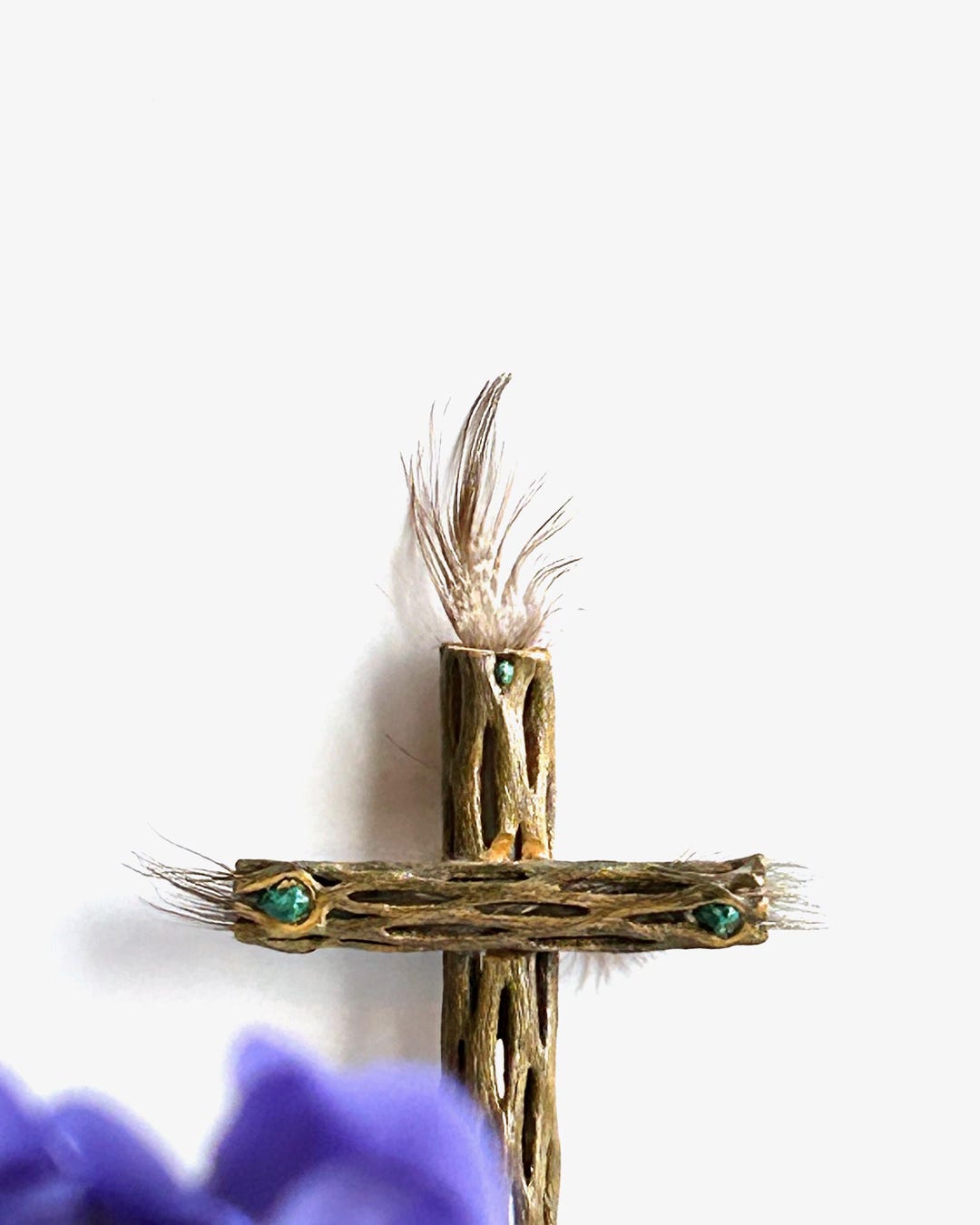 Handmade Cholla Cross Small Natural Southwestern Feather Turquoise Gems ...