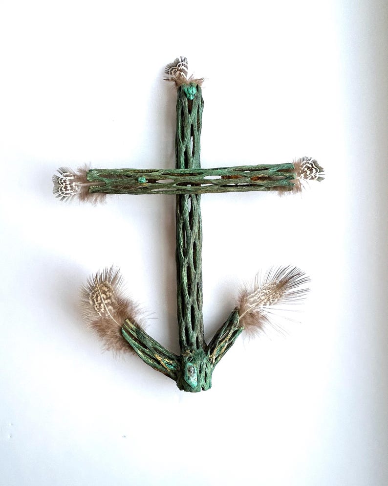 Handmade Cholla Cross Natural Southwestern Feather Green Turquoise Gem ...
