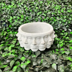 Small Cement pot, succulents, Cacti, plants, dish “Headspace” Repeating Faces, Art, decor, Gift, Handmade
