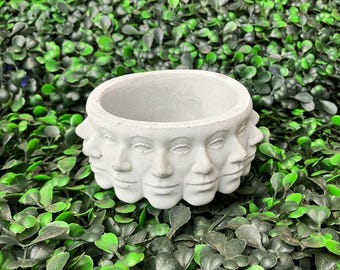 Small Cement pot, succulents, Cacti, plants, dish “Headspace” Repeating Faces, Art, decor, Gift, Handmade