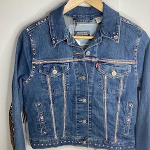M - Custom Denim Jean Jacket- Rhinestone Western Cowgirl Fringe