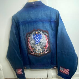 Mens L - Custom Denim Jean Jacket- USA Patriotic Patches