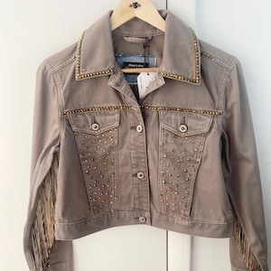S - Custom Denim Jean Jacket- Rhinestone Western Cowgirl Fringe