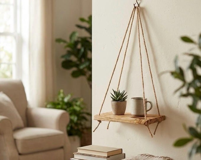 Featured listing image: Hanging Rope Shelf | Wooden Wall Display Shelf for Plants, Books & Home Decor | Natural Wood and Rope shelf | Fractal Wood Burning