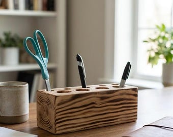 Handgemaakte houten pennenhouder en bureauopberger | Moderne, minimalistische kantooropslagoplossing