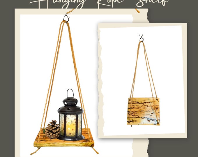 Featured listing image: Hanging Rope Shelf | Wooden Wall Display Shelf for Plants, Books & Home Decor | Natural Wood and Rope shelf | Fractal Wood Burning