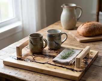 Bandeja de madera para servir como centro de mesa, tabla de quesos, bandeja de madera con asas, decoración para mesa de centro, bandeja de madera para desayuno, bandeja de baño