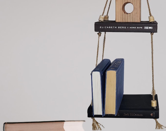 Featured listing image: Eco-Friendly Repurposed Book Shelves | Unique Handmade Wall Shelf | Recycled Book Art Crafts | Hanging Boho Rope Shelves | Librarian Gift