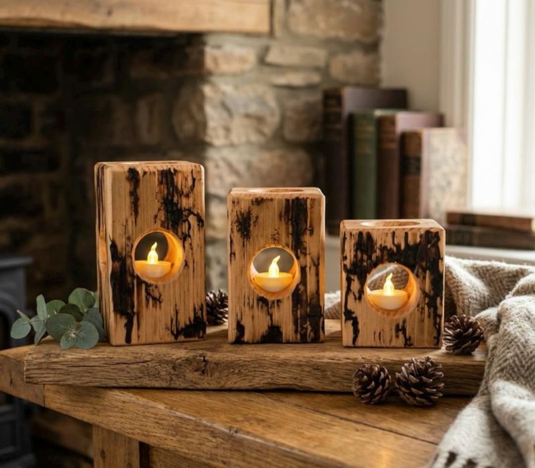 vintage * turip candle holder 2点セット Lichtenberg Fractal Burn Wood Candle Holders | Rustic Tea Light