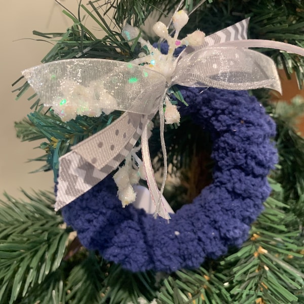 Navy Blue Yarn Wreath Ornament, Handmade Ornament, Package Tie, Teacher Gift, Christmas Ornament