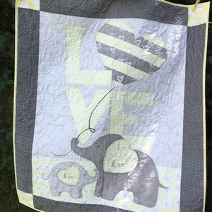 Gender Neutral Baby Blanket, Elephant Quilt, Elephant Baby Blanket, Yellow and Gray Baby Quilt, Gender Neutral Baby Quilt