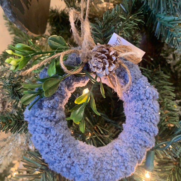 Denim Blue Yarn Wreath Ornament, Handmade Ornament, Package Tie, Teacher Gift, Christmas Ornament