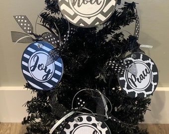 Set of Four Black and Silver Christmas Ornaments, Joy Ornament, Peace Ornament, Wish Ornament, Noel Ornament