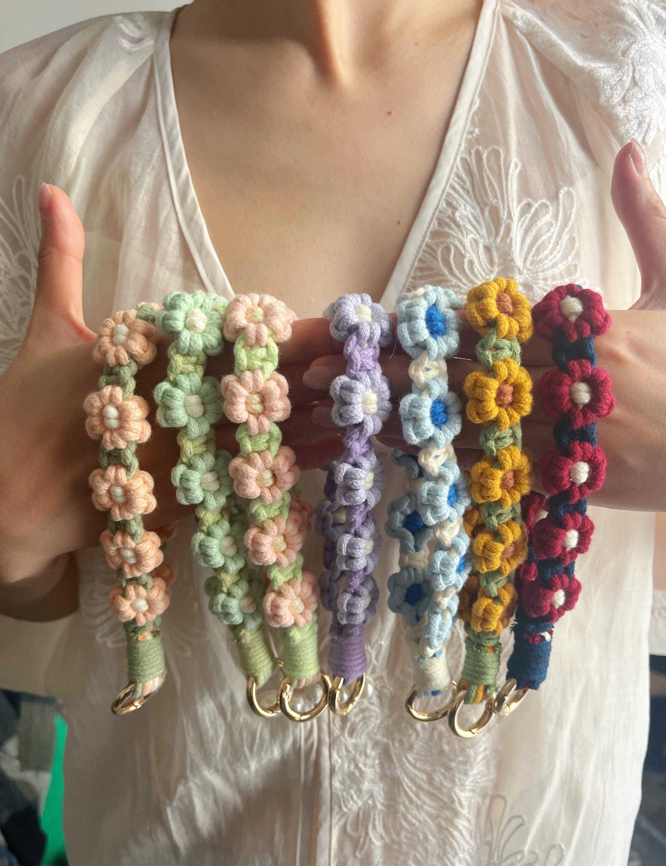 Daisy Handmade Macrame Phone Strap, Key Chain, Wrist Keychain