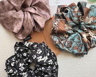 Oversized korean Scrunchie- Handmade Hair – Elegant Floral Hair Tie – Oversized Satin Elastic Hair Accessory – 3 Colors - Large Scrunchie