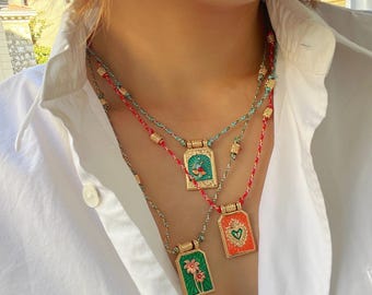 Scapular Necklace – Colorful Enamel Pendant – Evil Eye, Heart, Bird & Flower Symbols – Boho Spiritual Jewelry Gift for her, winter necklace