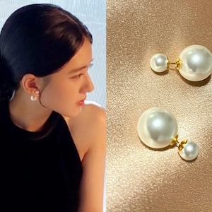 Pendientes reversibles de perla de doble cara - Plata 925, 3 estilos en 1, estilo francés, con pasador de plata - Estilo Swarovski