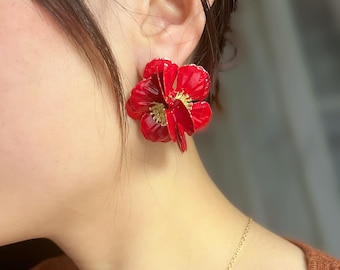 Colorful Poppy Flower Earrings – Enamel Statement Jewelry – Bold Floral Studs for Summer – Unique Gift for Her