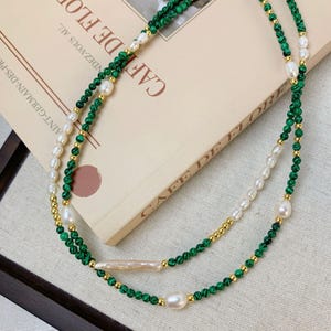 Pearl and malachite necklace, Baroque Freshwater Pearl Necklace, Malachite Beaded Necklace, Genuine Pearls choker