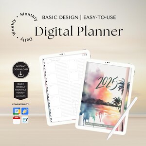 Puede incluir: Un planificador digital con una escena de playa de puesta de sol acuarela en la portada. El planificador incluye diseños diarios, semanales, mensuales y anuales. Es compatible con GoodNotes, Notability y otras aplicaciones para tomar notas.