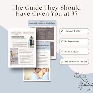 Sample interior pages from Hot Mess perimenopause guide featuring sections like 'Your Body’s Chemical Rebellion' with benefits listed: hilariously truthful, no sugarcoating, real-life solutions.