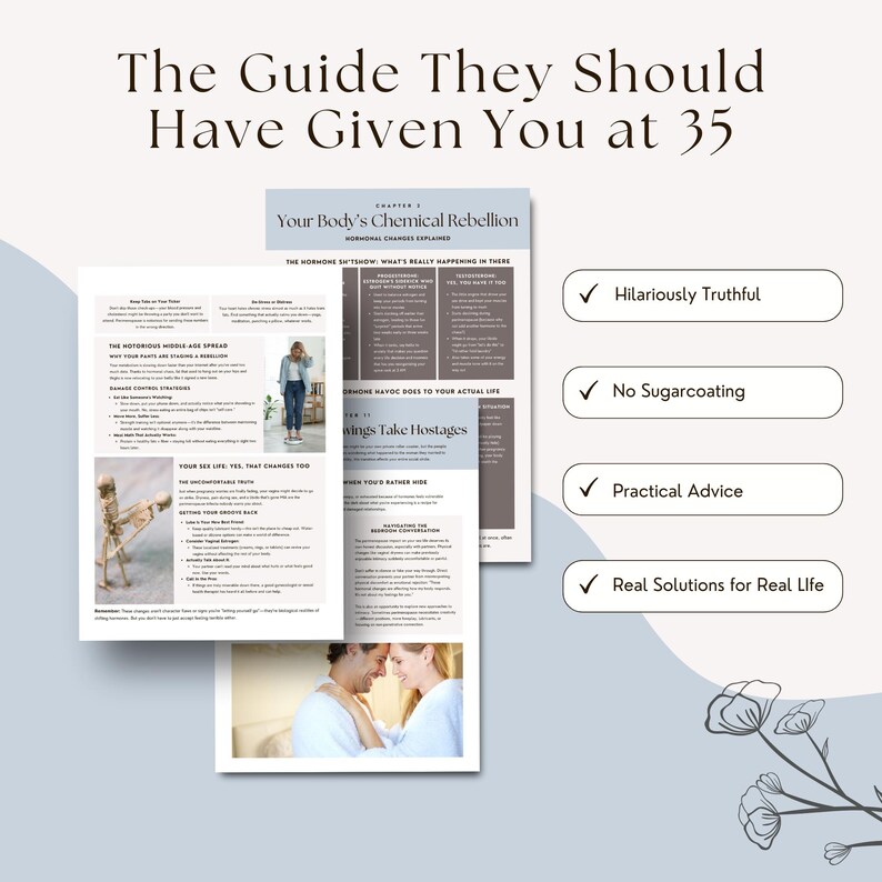 Sample interior pages from Hot Mess perimenopause guide featuring sections like 'Your Body’s Chemical Rebellion' with benefits listed: hilariously truthful, no sugarcoating, real-life solutions.
