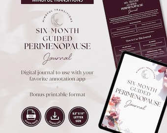 Perimenopause Digital Journal with Printable Format, 6 Month Guided Journal for Hormone Balance & Mood Tracking, Self-Care Gift