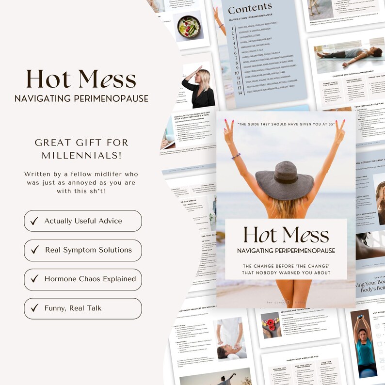 Preview of multiple Hot Mess e-guide pages with checklist of benefits: actually useful advice, real symptom solutions, hormone chaos explained, and funny real talk for midlife women.
