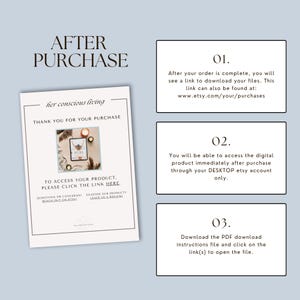 Instruction graphic explaining how to access and download Hot Mess perimenopause PDF e-guide after Etsy purchase, includes visual of thank-you page and Etsy interface steps.
