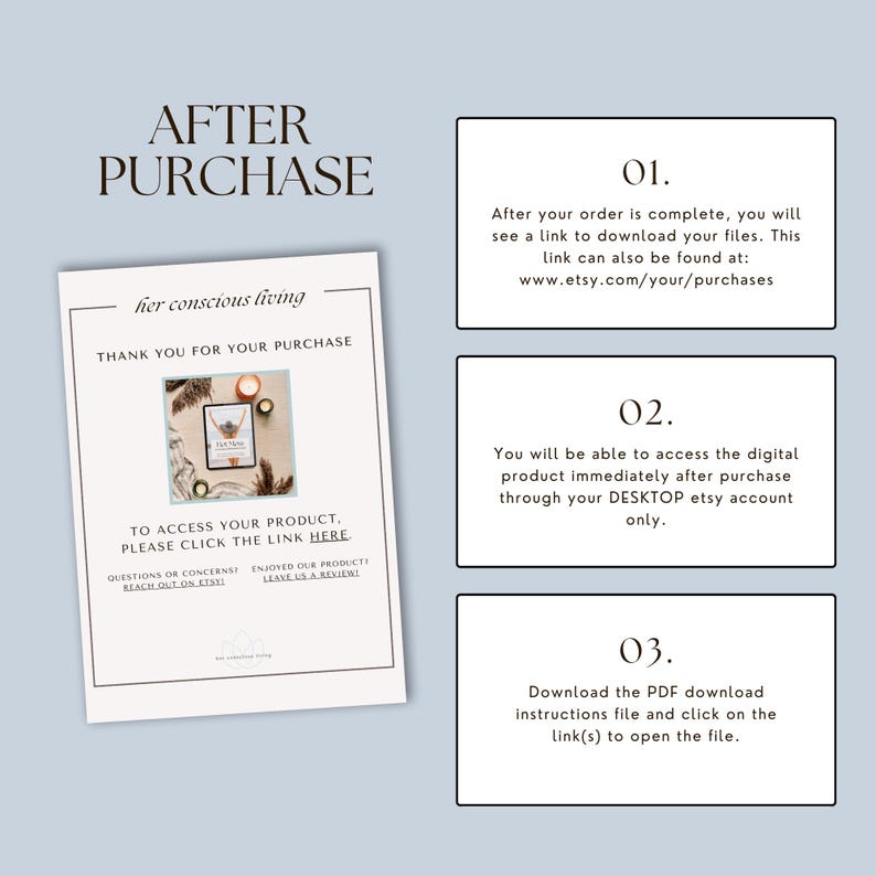 Instruction graphic explaining how to access and download Hot Mess perimenopause PDF e-guide after Etsy purchase, includes visual of thank-you page and Etsy interface steps.