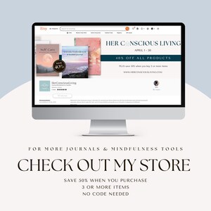 Mockup of Her Conscious Living Etsy shop with banner promoting 40% off sale on journals and mindfulness tools, including Somatic Embodiment and Self-Care planners.