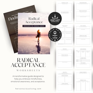 Puede incluir: Un conjunto de hojas de trabajo imprimibles tituladas "Aceptación Radical" para el crecimiento personal. La portada presenta una silueta de una persona caminando sobre el agua al atardecer. El texto incluye iconos de "Descarga instantánea" e "Imprimir en casa".