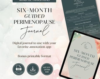 6-månaders guidad perimenopausjournal, humör- och symtomspårare (digital journal/utskrivbar)