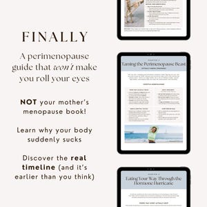 Screenshots of inner pages from Hot Mess guide on tablet showing chapters and strategies like ‘Taming the Perimenopause Beast’, with callout: ‘NOT your mother’s menopause book’.