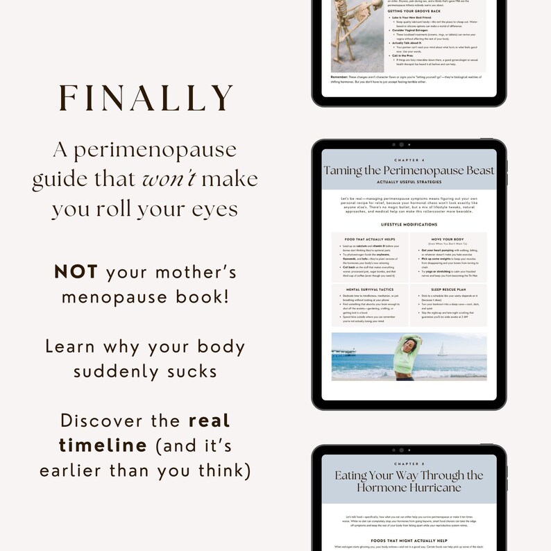 Screenshots of inner pages from Hot Mess guide on tablet showing chapters and strategies like ‘Taming the Perimenopause Beast’, with callout: ‘NOT your mother’s menopause book’.