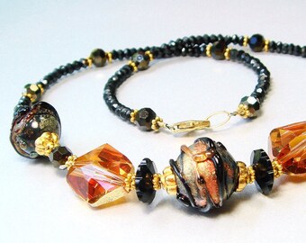 Lampwork Necklace in Black and Gold, Black Spinel, Swarovski Topaz Crystal - 14K GF Bead Caps & Clasp, Lampwork Jewelry, Statement Necklace