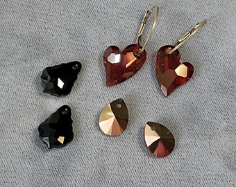 Swarovski Crystal Earring Set, Red Magma Heart, Rose Gold Teardrop, Jet Baroque, Sterling Earrings