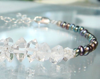 Herkimer Diamond Bracelet Peacock Pearls Double Terminated Quartz Crystal Bracelet Raw April Birthstone Magick, Metaphysical Gemstones LUXE