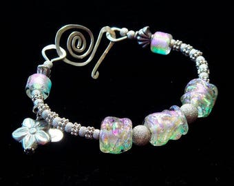 Dichroic Art Glass Bracelet - Sterling Silver & Bali Large Bangle Statement Bracelet, Lavender Ice Queen- Dee Howl Dichro Lampwork, Heirloom