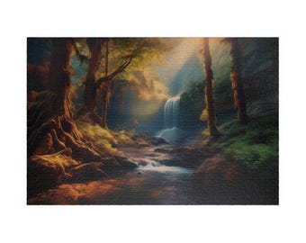 May include: A landscape painting of a forest scene with a waterfall. The artwork shows a stream flowing through the forest, with trees and foliage in shades of green, brown, and gold. Sunlight filters through the trees, creating a serene atmosphere.