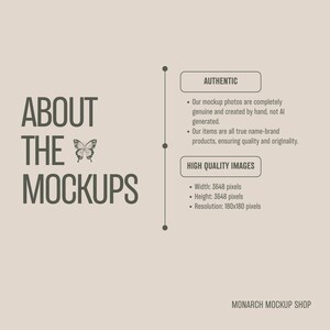 Peut inclure: Texte "About The Mockups" avec un graphique de papillon. Le texte d&eacute;crit l'authenticit&eacute; et la haute qualit&eacute; des maquettes. Les maquettes mesurent 3648 pixels de large et de haut, avec une r&eacute;solution de 180x180 pixels.  Monarch Mockup Shop est en bas de l'image.