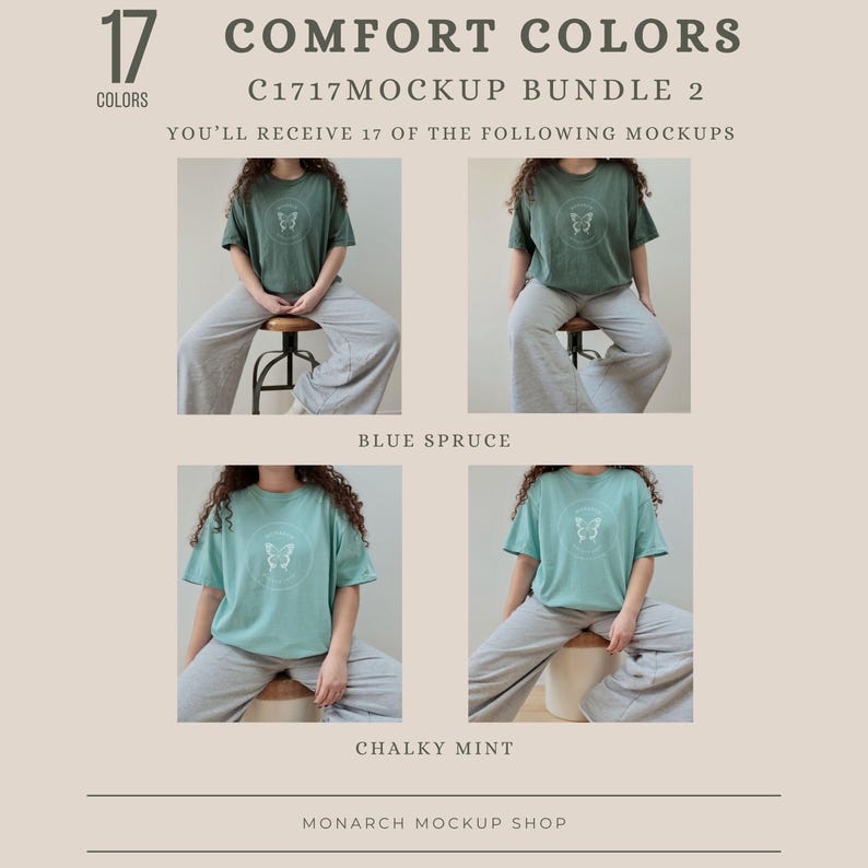 Peut inclure: Deux images d'une personne portant un t-shirt vert avec un motif de papillon blanc. Le t-shirt est ample et a un col rond. La personne porte un pantalon gris et est assise sur un tabouret. Le texte "Blue Spruce" est sous les images. Deux images d'une personne portant un t-shirt bleu clair avec un motif de papillon blanc. Le t-shirt est ample et a un col rond. La personne porte un pantalon gris et est assise sur un tabouret. Le texte "Chalky Mint" est sous les images.