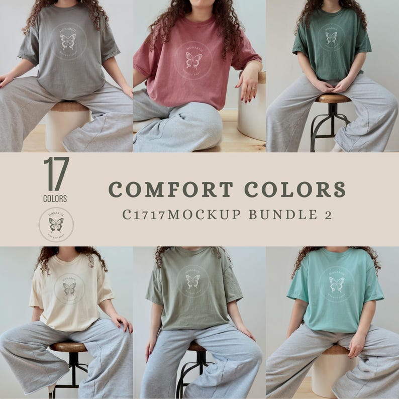Peut inclure: Un lot de maquettes de 17 t-shirts de couleurs diff&eacute;rentes avec un motif papillon et le texte "COMFORT COLORS C1717 MOCKUP BUNDLE 2".
