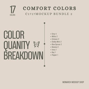 Peut inclure: Un graphique montrant la r&eacute;partition des couleurs pour un pack de maquettes de 17 couleurs appel&eacute; "Comfort Colors C1717 Mockup Bundle 2". Le graphique montre un papillon et le texte "Color Quantity Breakdown". Les couleurs incluses sont le gris, le blanc, le cramoisi, la menthe crayeuse, l'&eacute;pinette bleue, la banane, l'ivoire, la baie et le poivre.