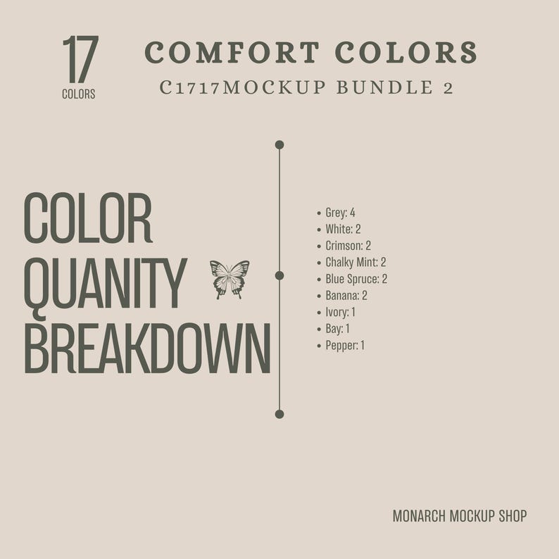 Peut inclure: Un graphique montrant la r&eacute;partition des couleurs pour un pack de maquettes de 17 couleurs appel&eacute; "Comfort Colors C1717 Mockup Bundle 2". Le graphique montre un papillon et le texte "Color Quantity Breakdown". Les couleurs incluses sont le gris, le blanc, le cramoisi, la menthe crayeuse, l'&eacute;pinette bleue, la banane, l'ivoire, la baie et le poivre.