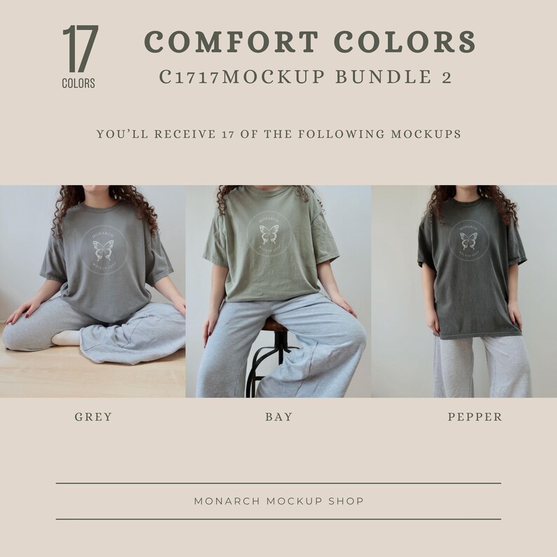Peut inclure: Trois t-shirts pour femmes en gris, vert et gris fonc&eacute; avec un motif papillon et le texte "COMFORT COLORS C1717MOCKUP BUNDLE 2 YOU'LL RECEIVE 17 OF THE FOLLOWING MOCKUPS GREY BAY PEPPER MONARCH MOCKUP SHOP"